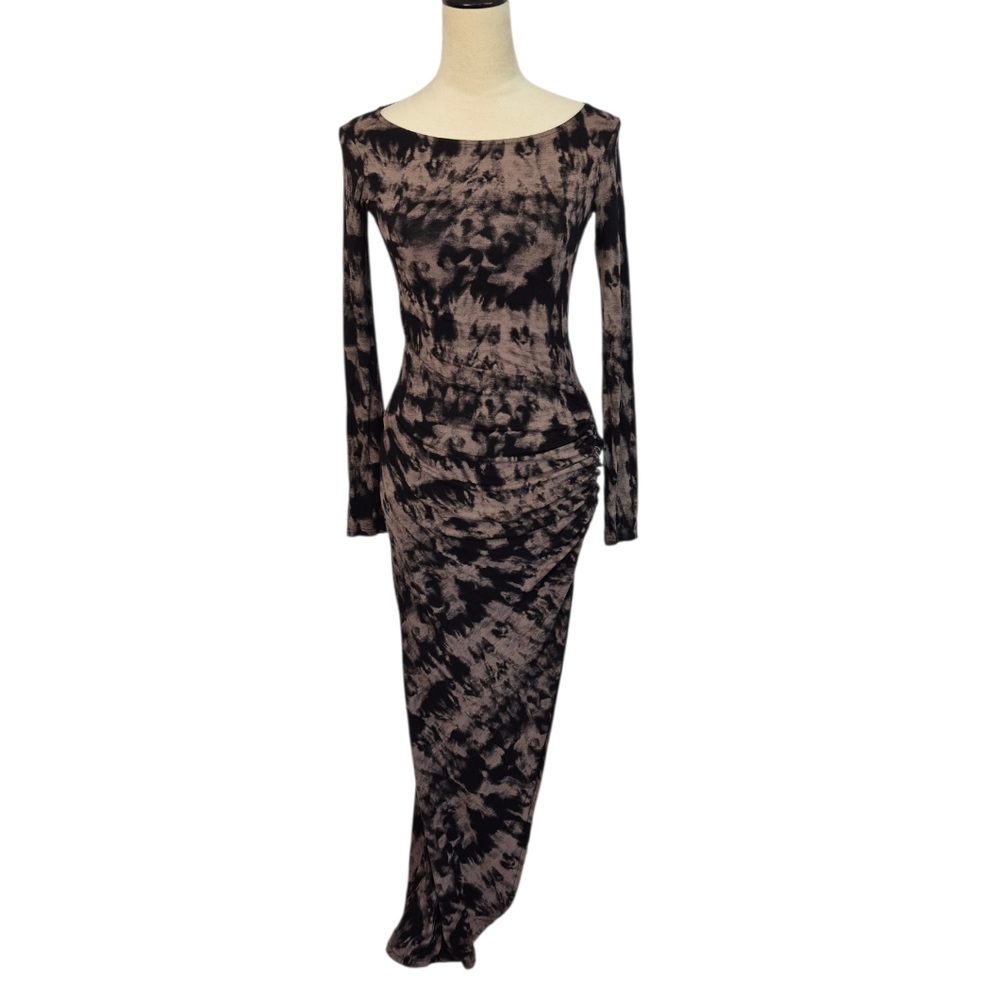 River Island Tie-Dye Ruched Bodycon Maxi Dress High Slit Sz 4 Y2K Grunge Edgy